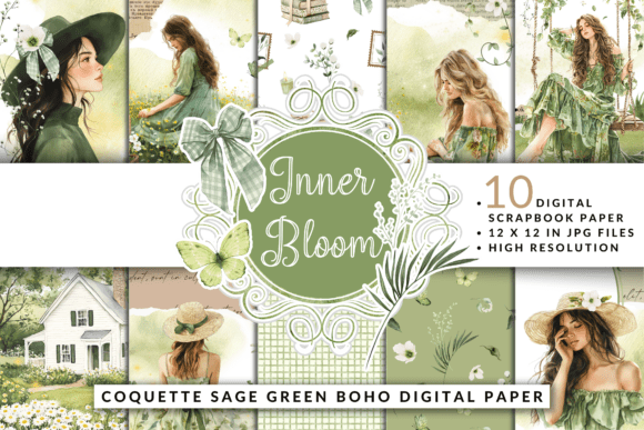 Download Coquette Sage Green Boho Digital Paper - Premium Resources